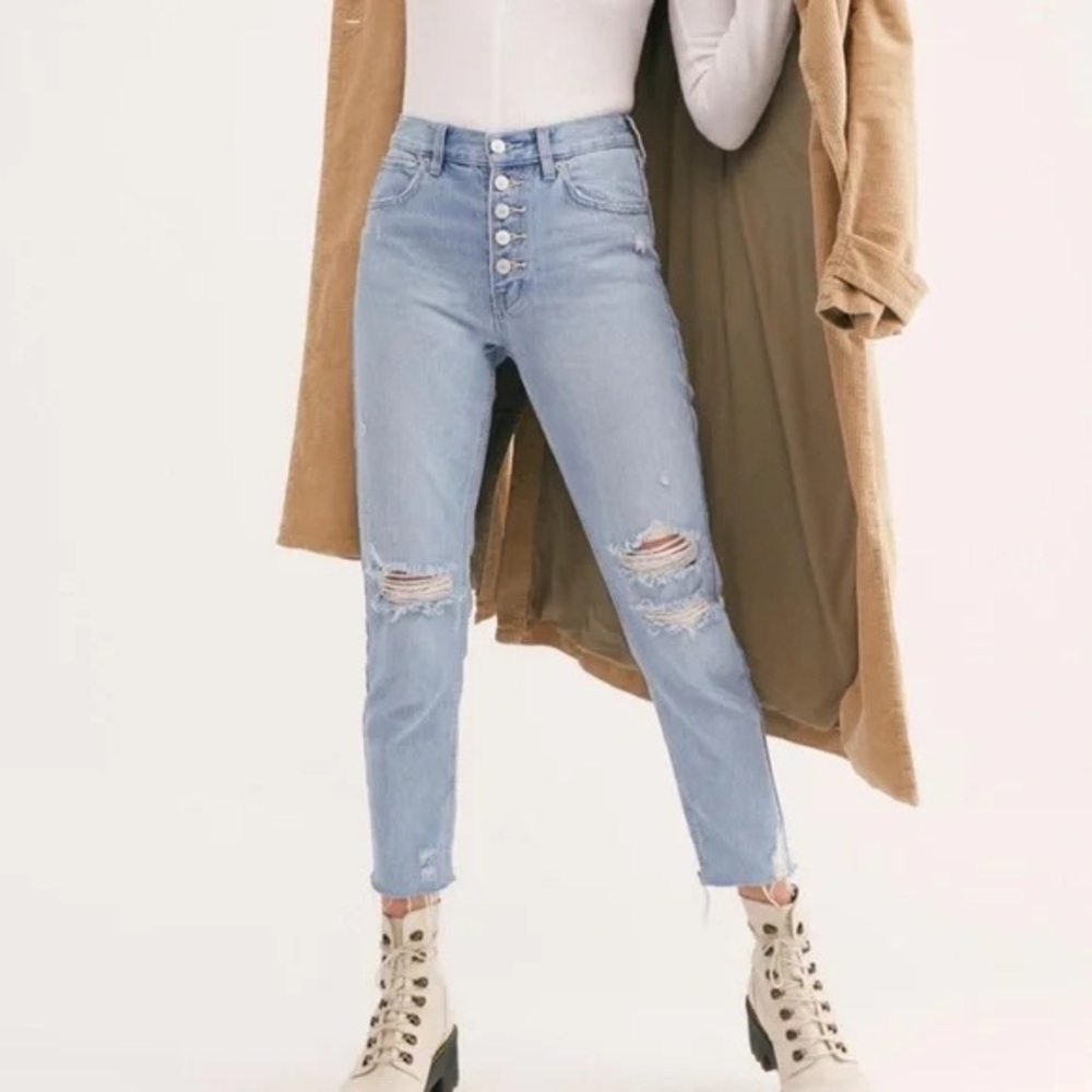 Free People Blossom Rigid High Rise Jeans Women’s Light Wash Distressed Size 25